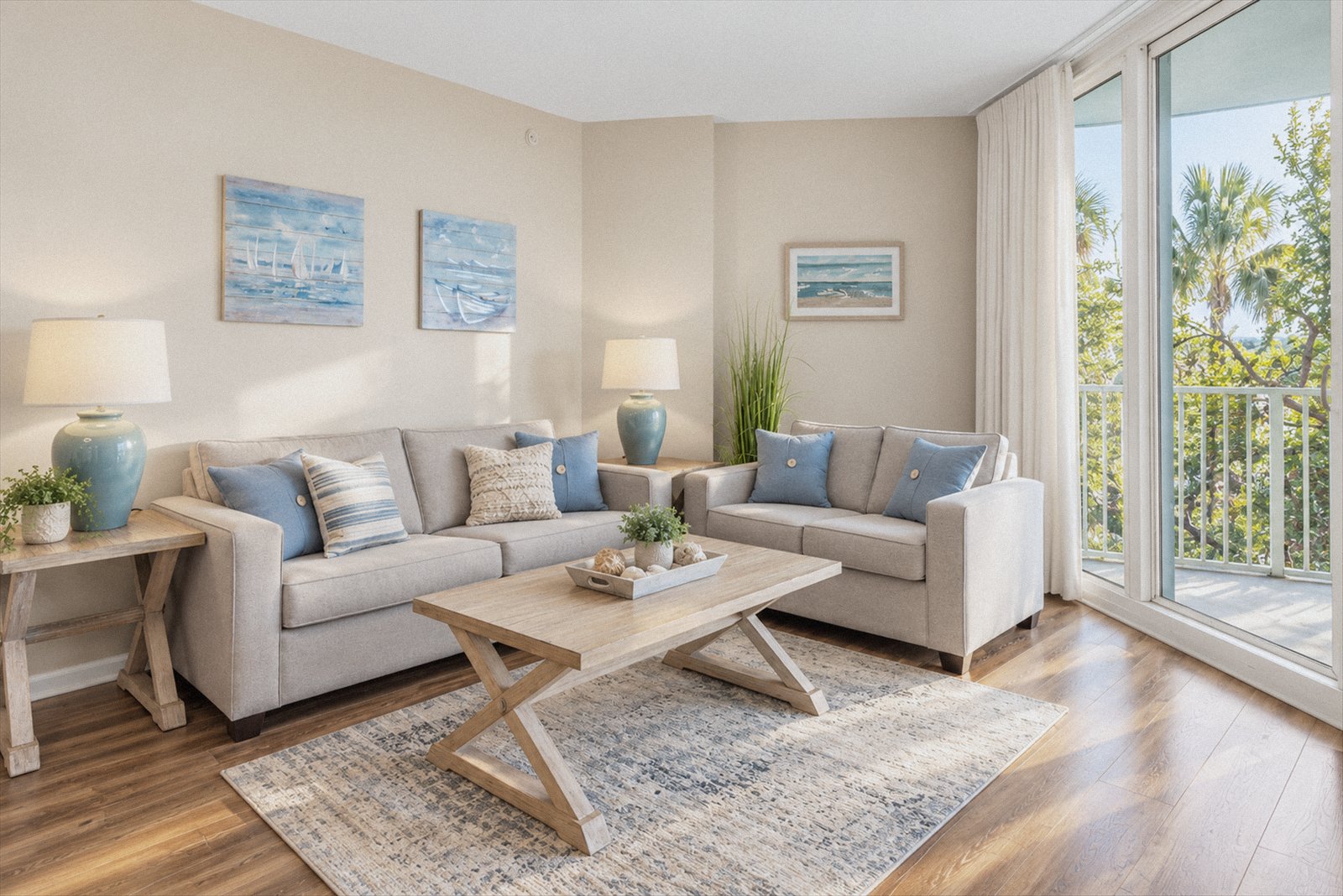 Helles Wohnzimmer einer Ferienwohnung in Destin, Florida